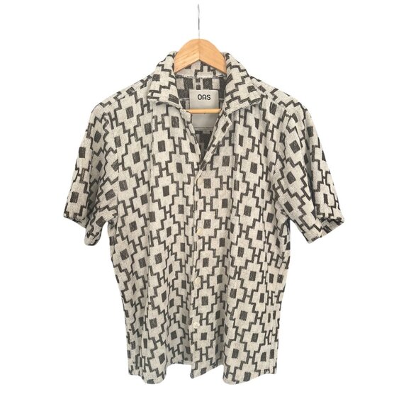 OAS Sweden Terry Cloth Button-Up Shirt Men’s Medium – Geometric Jacquard Pattern - Picture 2 of 7